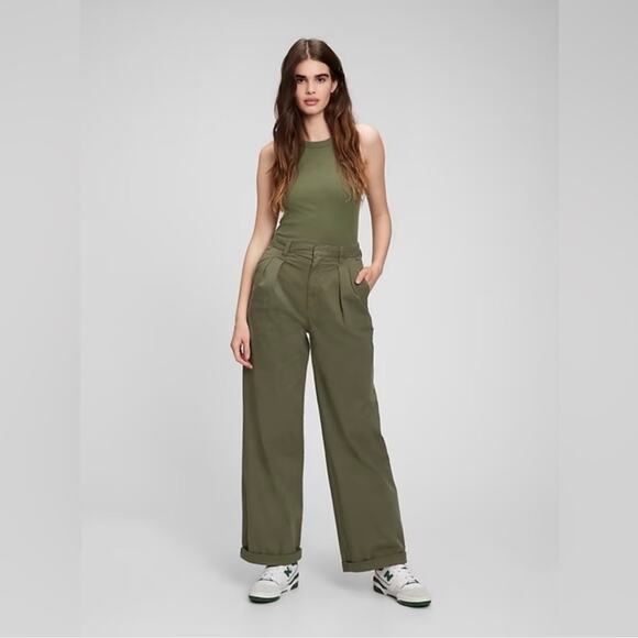 Gap Pleated Wide Khaki Coastal Minimalist Pants In Army Green Size 16 - Picture 1 of 13